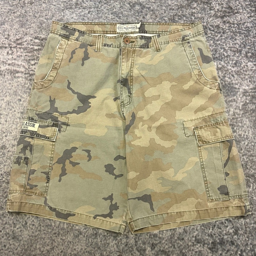 VTG U.S. Polo Assn Camo Cargo Shorts Mens 38 Green Brown Baggy Skater Y2K